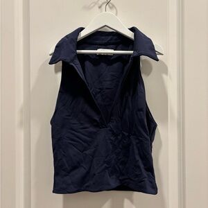 Aritzia Dark Blue Collared Sleeveless Blouse